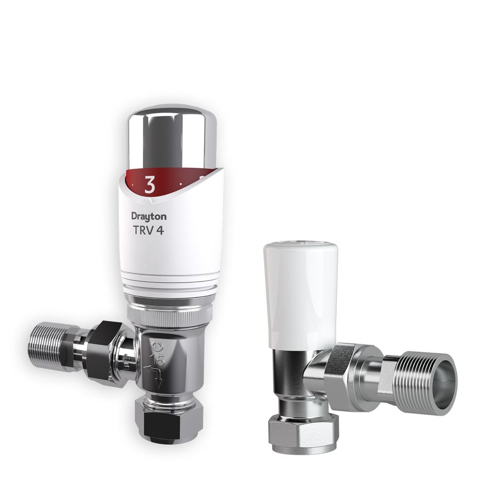 Drayton TRV4 Classic 15mm White / Chrome Angled TRV & Lockshield Valve Pack